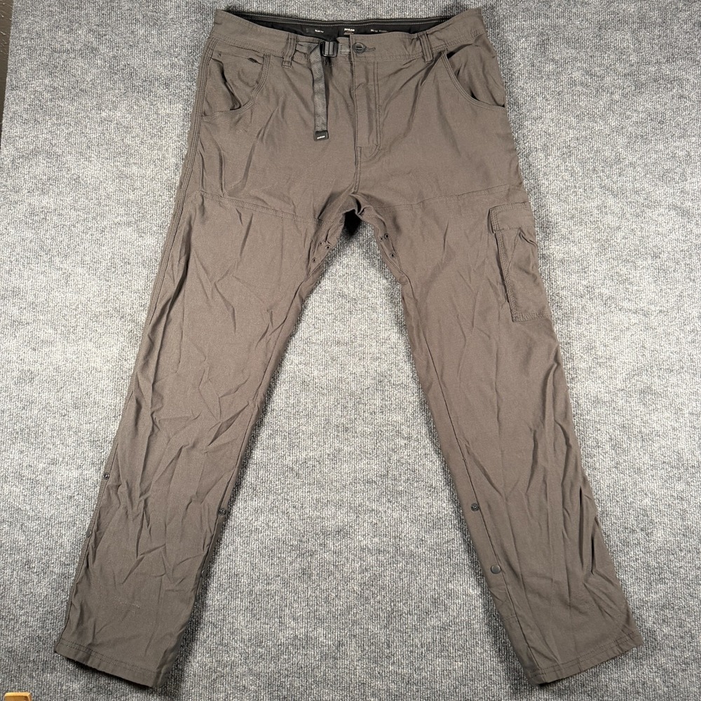 Prana Stretch Zion Pants Mens 36x32 Grey Cargo Hiking Roll Up Snap Straight Leg